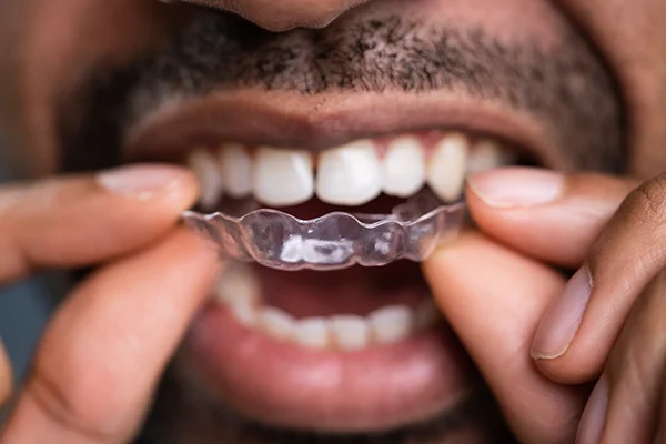 Close up of a bearded Black man putting clear aligners on his teeth.